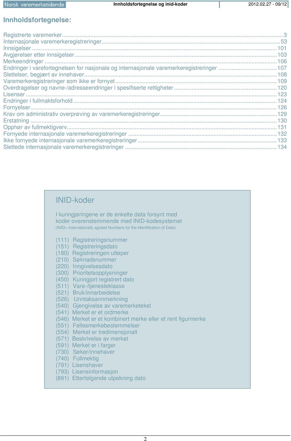 .. 108 Varemerkeregistreringer som ikke er fornyet... 109 Overdragelser og navne-/adresseendringer i spesifiserte rettigheter... 120 Lisenser... 123 Endringer i fullmaktsforhold... 124 Fornyelser.