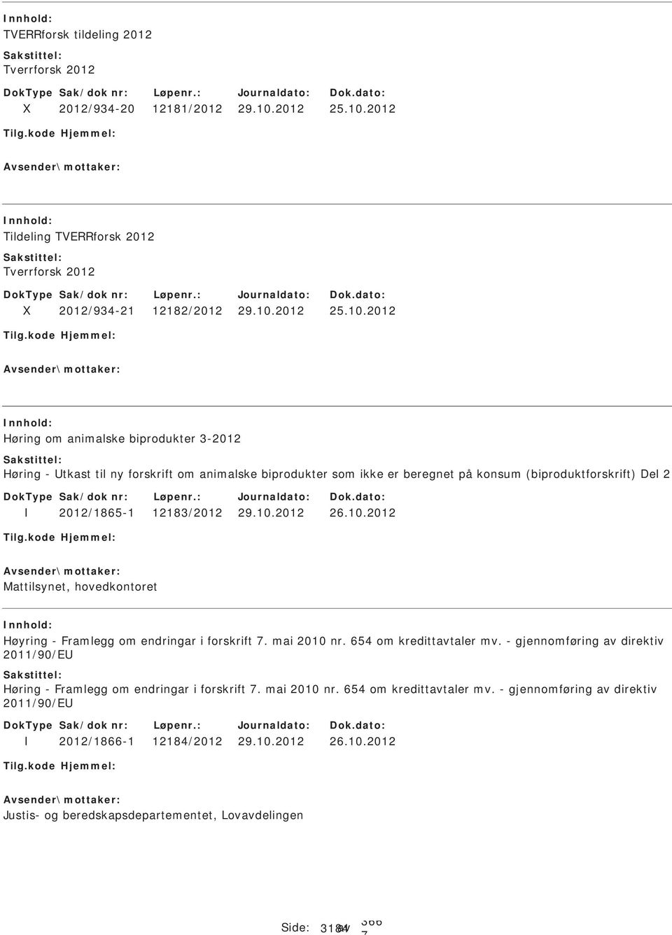2012 Tildeling TVERRforsk 2012 Tverrforsk 2012 2012/934-21 12182/2012 29.10.