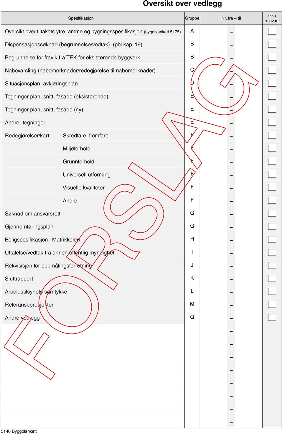 (eksisterende) E Tegninger plan, snitt, fasade (ny) E Andrer tegninger E Redegjørelser/kart: - Skredfare, flomfare - Miljøforhold - runnforhold - Universell utforming - Visuelle kvaliteter - Andre