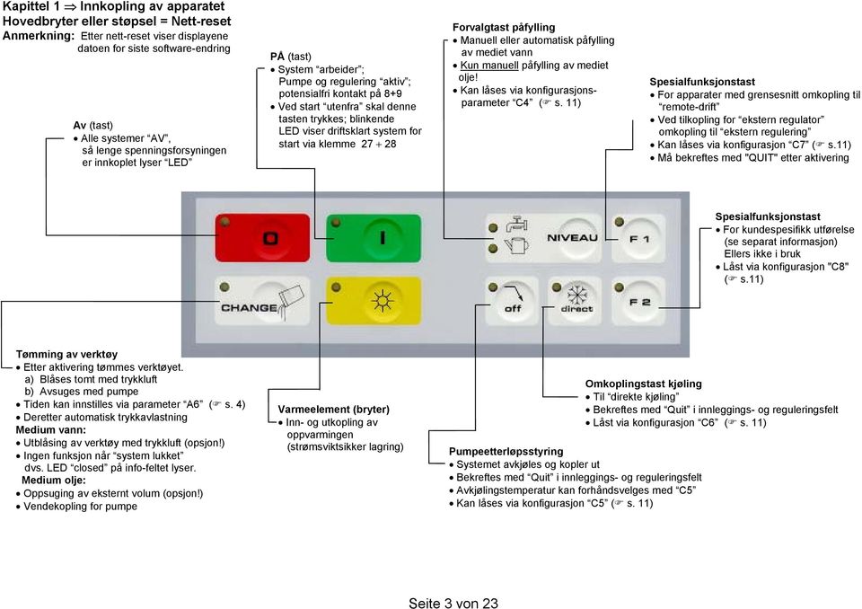 driftsklart system for start via klemme 27 + 28 Forvalgtast påfylling Manuell eller automatisk påfylling av mediet vann Kun manuell påfylling av mediet olje!