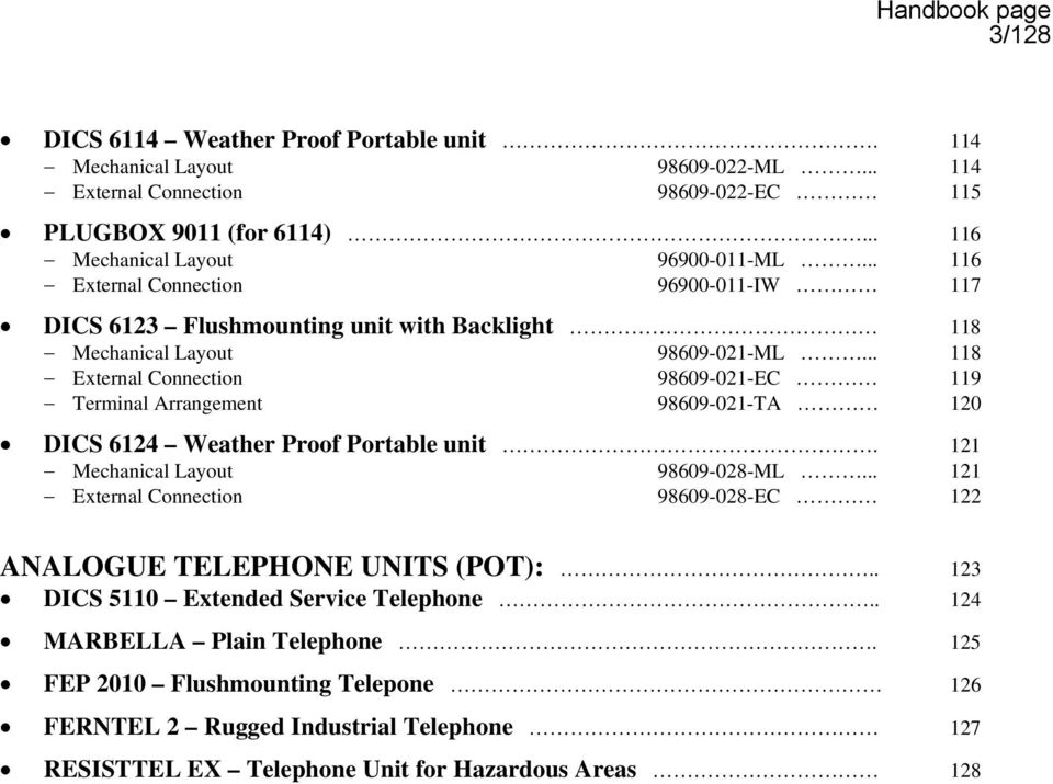 .. 118 External Connection 98609-021-EC 119 Terminal Arrangement 98609-021-TA 120 DICS 6124 Weather Proof Portable unit. 121 Mechanical Layout 98609-028-ML.