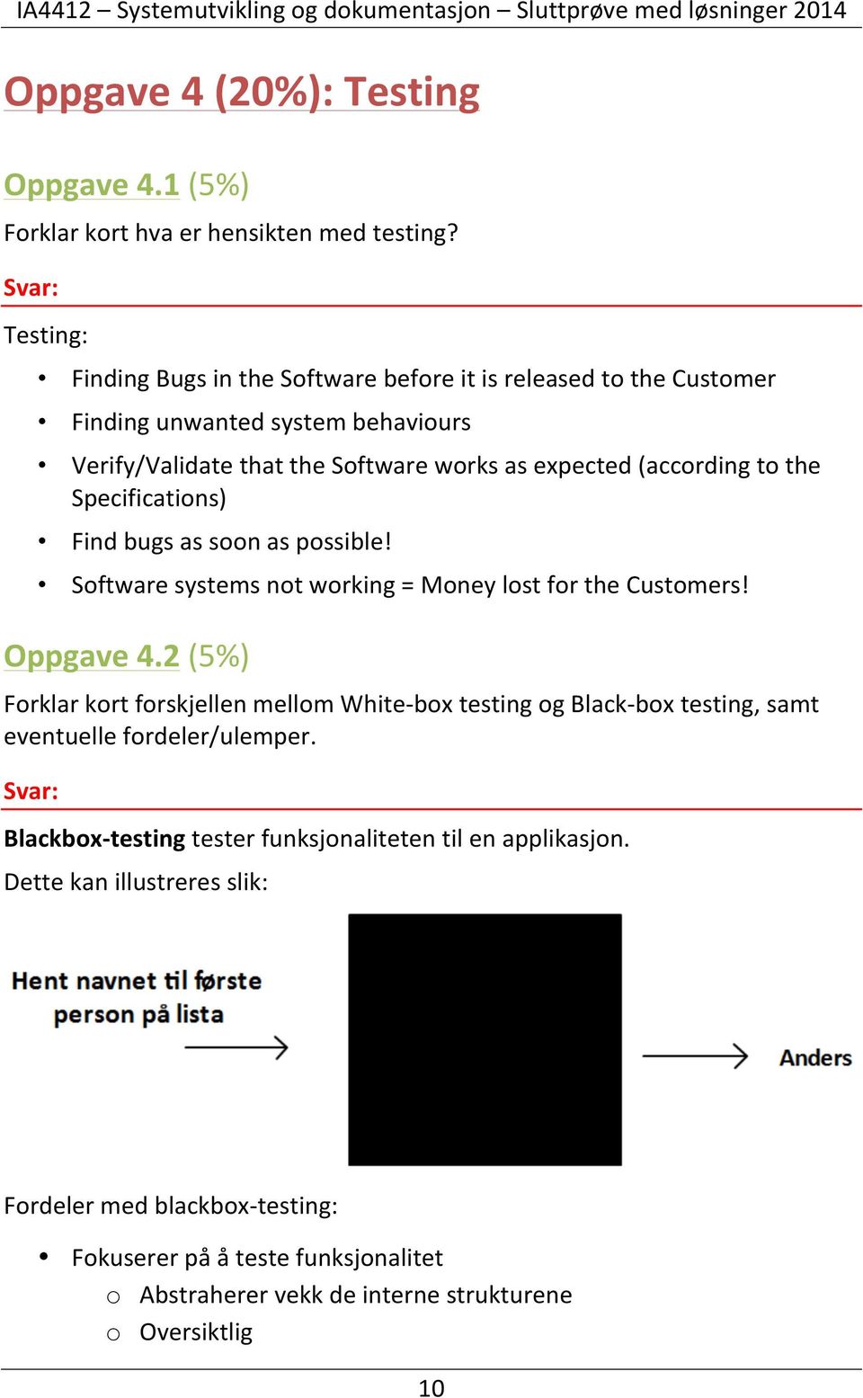 the Specifications) Find bugs as soon as possible! Software systems not working = Money lost for the Customers! Oppgave 4.