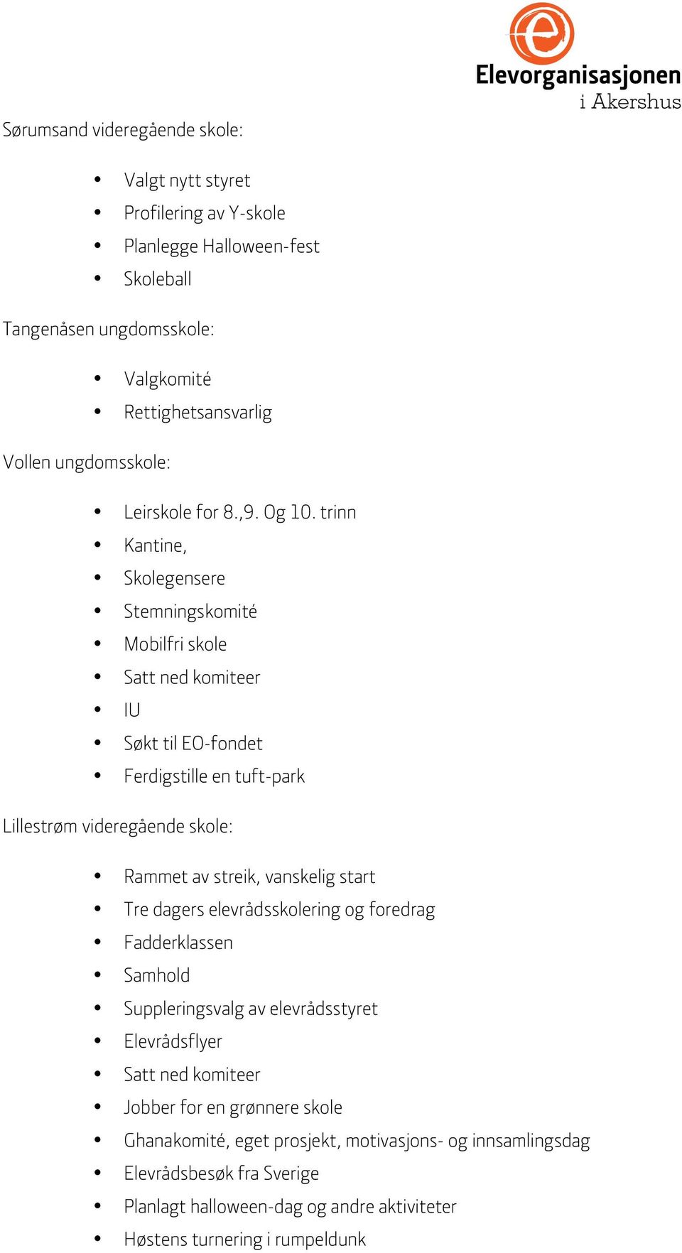 trinn Kantine, Skolegensere Stemningskomité Mobilfri skole Satt ned komiteer IU Søkt til EO-fondet Ferdigstille en tuft-park Lillestrøm videregående skole: Rammet av streik,