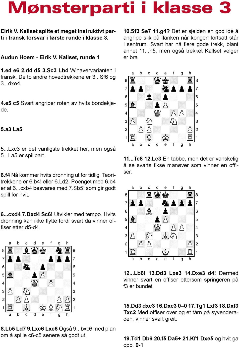 ..La5 er spillbart. 6.f4 Nå kommer hvits dronning ut for tidlig. Teoritrekkene er 6.b4! eller 6.Ld2. Poenget med 6.b4 er at 6...cxb4 besvares med 7.Sb5! som gir godt spill for hvit. 6...cxd4 7.