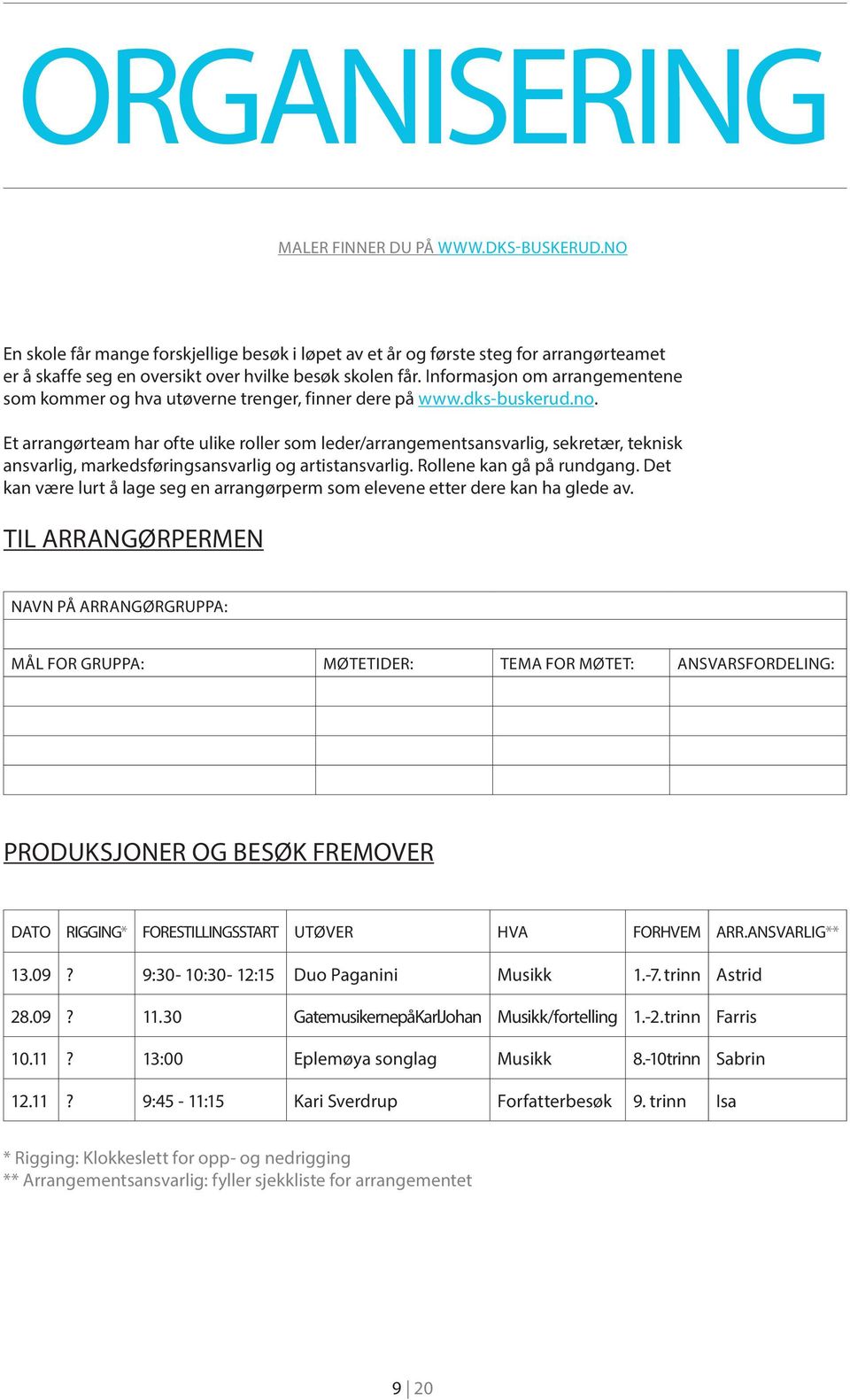 Et arrangørteam har ofte ulike roller som leder/arrangementsansvarlig, sekretær, teknisk ansvarlig, markedsføringsansvarlig og artistansvarlig. Rollene kan gå på rundgang.