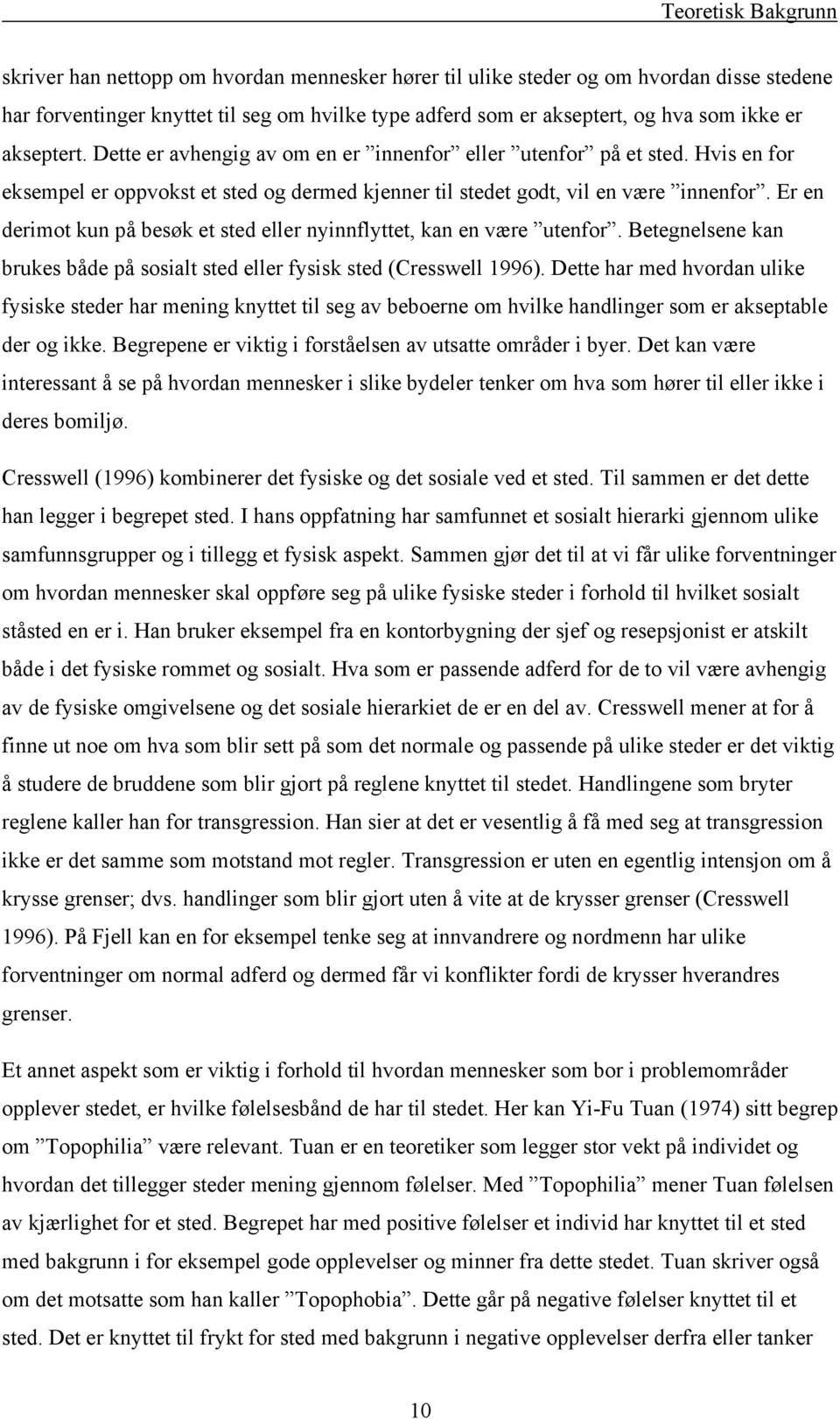 Er en derimot kun på besøk et sted eller nyinnflyttet, kan en være utenfor. Betegnelsene kan brukes både på sosialt sted eller fysisk sted (Cresswell 1996).