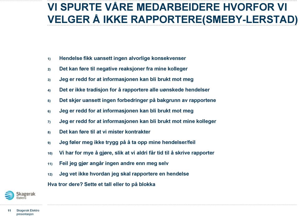 for at informasjonen kan bli brukt mot meg 7) Jeg er redd for at informasjonen kan bli brukt mot mine kolleger 8) Det kan føre til at vi mister kontrakter 9) Jeg føler meg ikke trygg på å ta opp mine