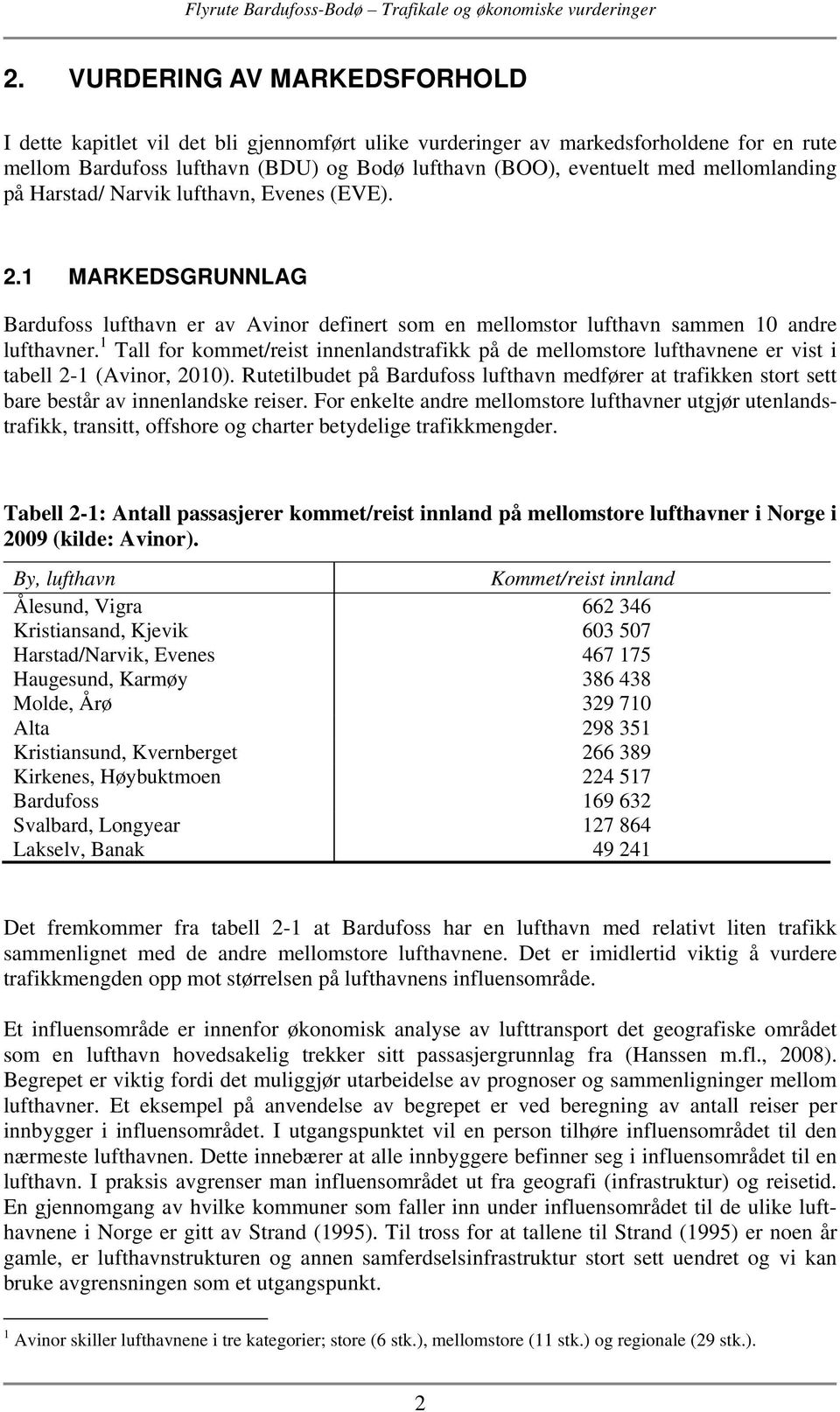 1 Tall for kommet/reist innenlandstrafikk på de mellomstore lufthavnene er vist i tabell 2-1 (Avinor, 2010).