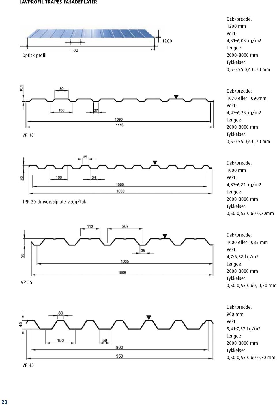 Dekkbredde: 1000 mm Vekt: 4,87-6,81 kg/m2 Lengde: 2000-8000 mm Tykkelser: 0,50 0,55 0,60 0,70mm VP 35 Dekkbredde: 1000 eller 1035 mm Vekt: 4,7-6,58