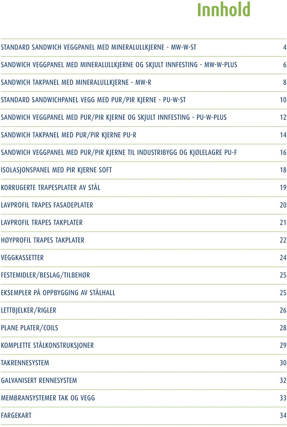 MED PUR/PIR KJERNE TIL INDUSTRIBYGG OG KJØLELAGRE PU-F 16 ISOLASJONSPANEL MED PIR KJERNE SOFT 18 KORRUGERTE TRAPESPLATER AV STÅL 19 LAVPROFIL TRAPES FASADEPLATER 20 LAVPROFIL TRAPES TAKPLATER 21