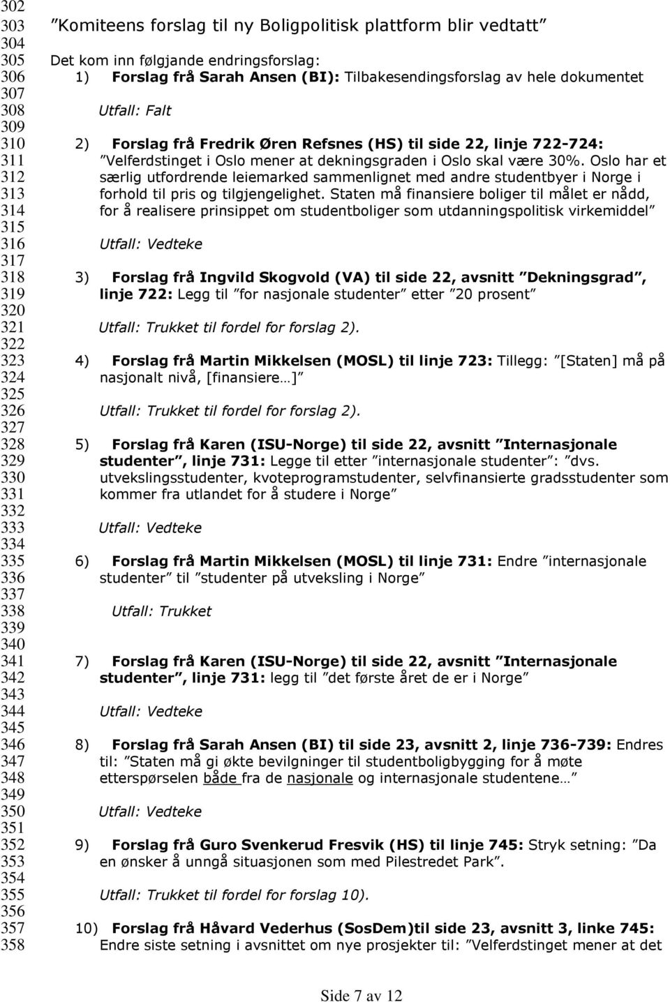 dokumentet 2) Forslag frå Fredrik Øren Refsnes (HS) til side 22, linje 722-724: Velferdstinget i Oslo mener at dekningsgraden i Oslo skal være 30%.