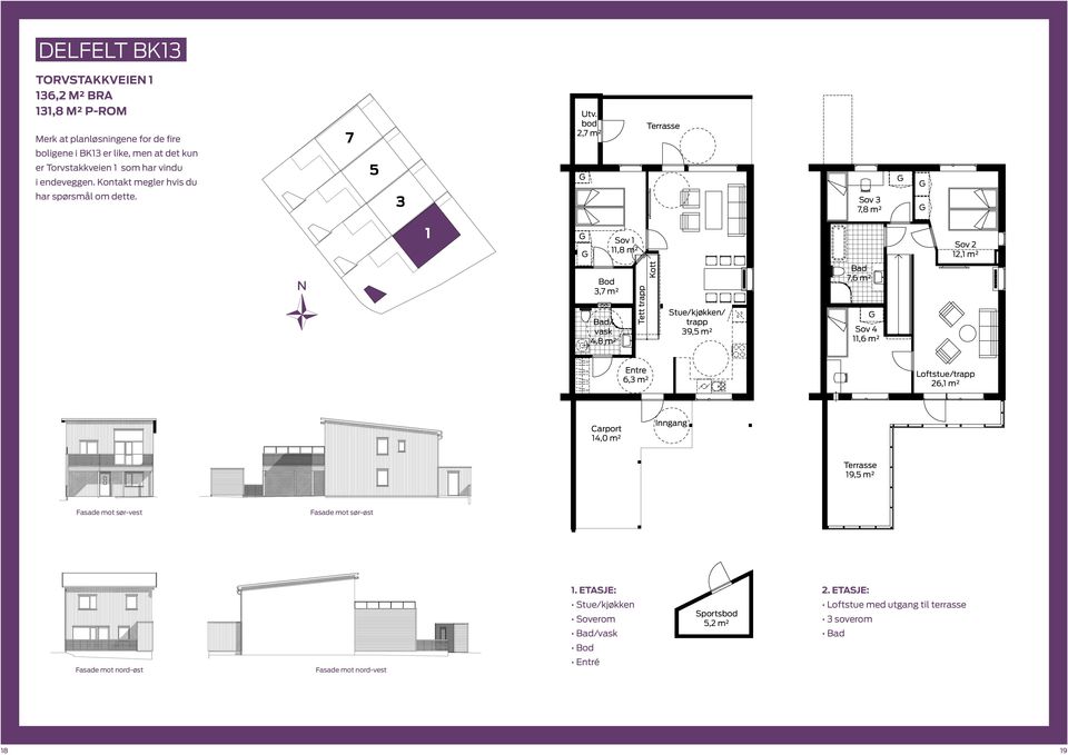 bod 2,7 m² Sov 3 7,8 m² 1 Sov 1 11,8 m² Sov 2 12,1 m² N Bod 3,7 m² Bad/ vask 4,8 m² Tett trapp Kott Stue/kjøkken/ trapp 39,5 m² Bad 7,6 m² Sov 4 11,6 m² Entre 6,3 m²