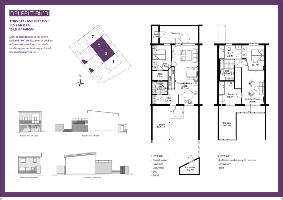 bod 2,7 m² Sov 3 7,8 m² 1 Sov 1 11,8 m² Sov 2 12,1 m² N Bod 3,7 m² Bad/ vask 4,8 m² Tett trapp Kott Stue/kjøkken/ trapp 39,5 m² Bad 7,6 m² Entre 6,3 m² Sov 4 11,6 m²