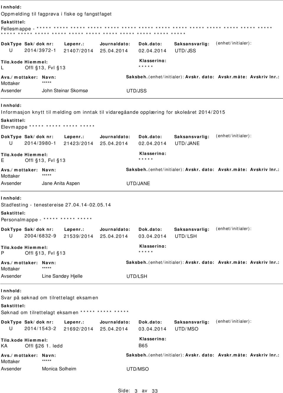 /mottaker: Navn: Saksbeh. Avskr. dato: Avskr.måte: Avskriv lnr.: Mottaker Jane Anita Aspen TD/JANE Stadfesting - tenestereise 27.04.14-02.05.14 Personalmappe - 2004/6832-9 21539/2014 TD/SH P Avs.