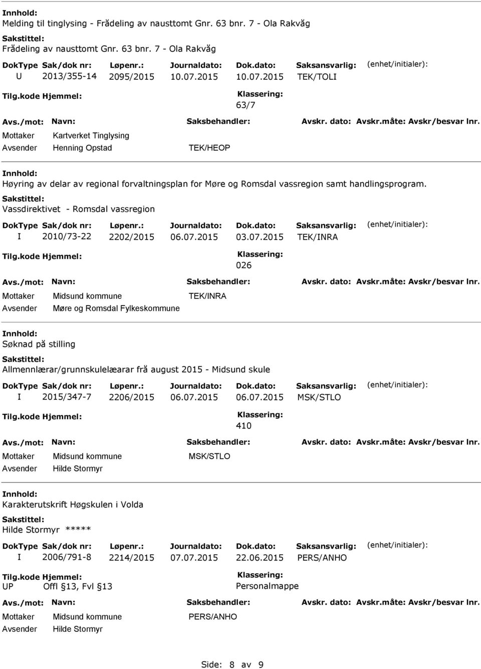 7 - Ola Rakvåg 2013/355-14 2095/2015 TEK/TOL 63/7 Kartverket Tinglysing Høyring av delar av regional forvaltningsplan for Møre og Romsdal vassregion samt