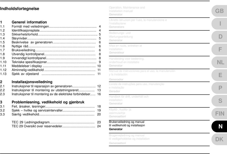 12 Alminnelig vedlikehold... 11 1.13 Sjekk av oljestand... 11 2 Installasjonsveiledning 2.1 Instruksjoner til reparasjon av generatoren... 12 2.2 Instruksjoner til montering av utstøtningsrøret... 13 2.