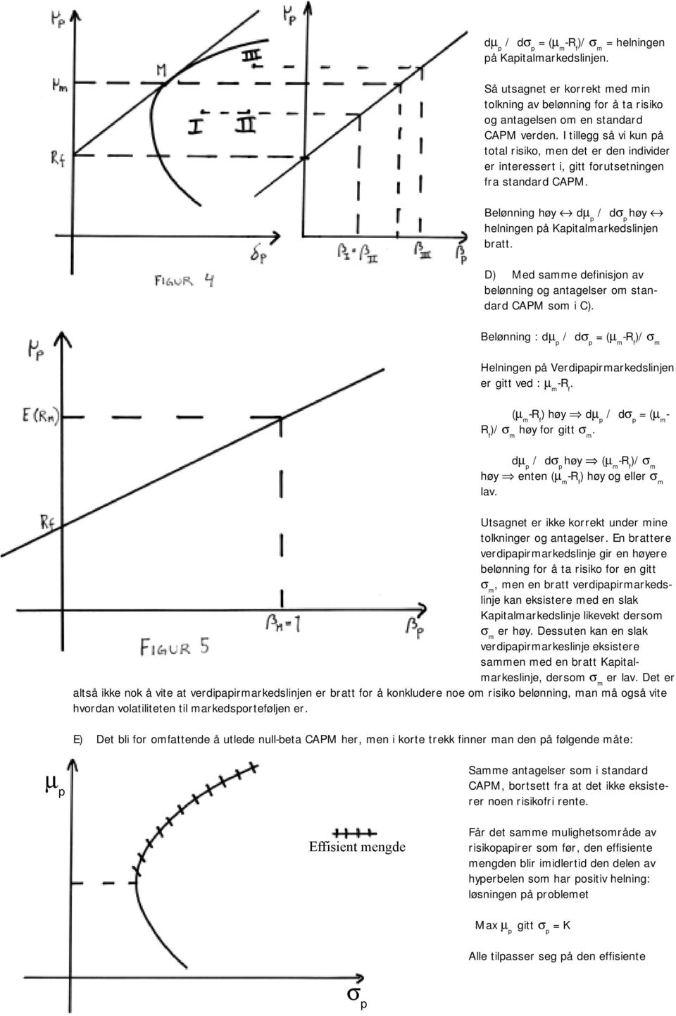 D) Med samme definisjon av belønning og antagelser om standard CAPM som i C). Belønning : dµ p = (µ m Helningen på Verdipapirmarkedslinjen er gitt ved : µ m.