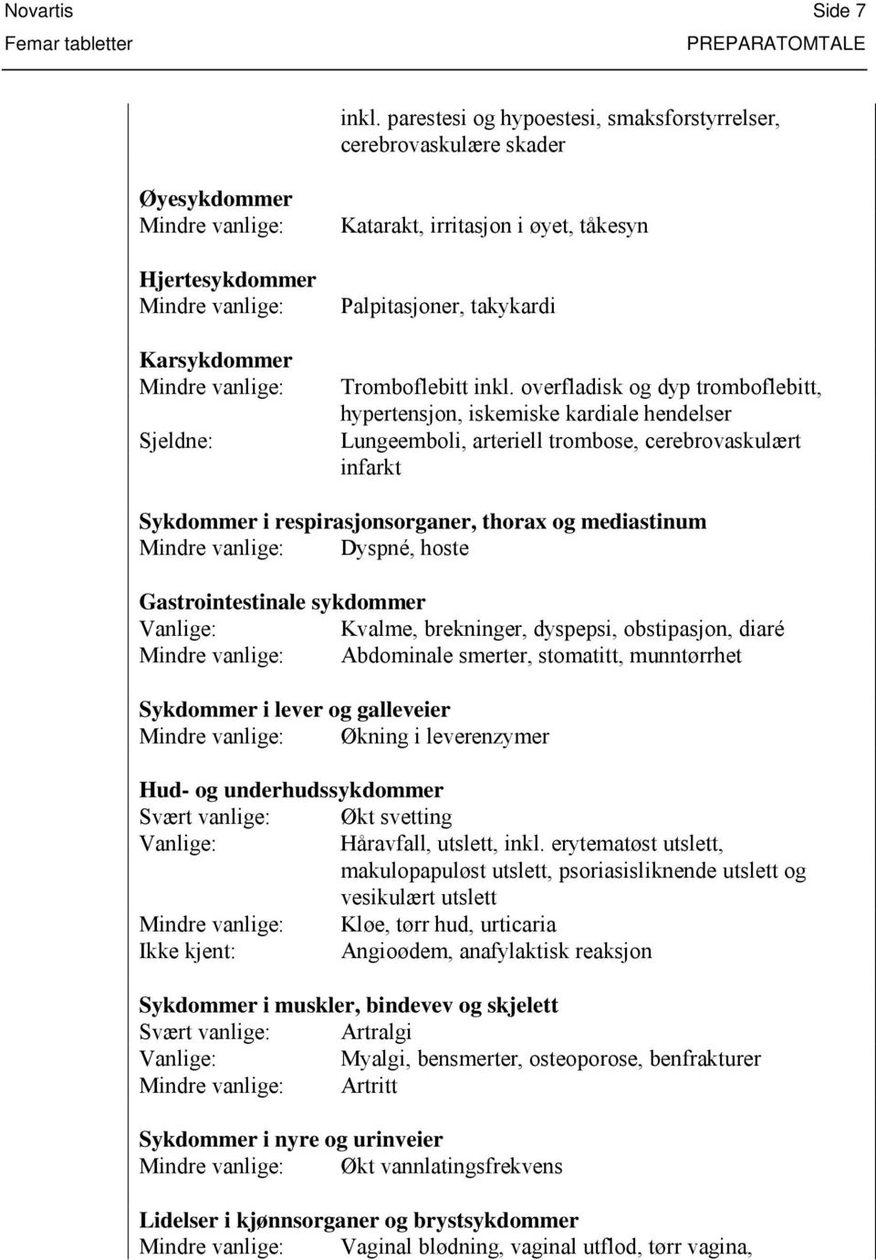 tåkesyn Palpitasjoner, takykardi Tromboflebitt inkl.