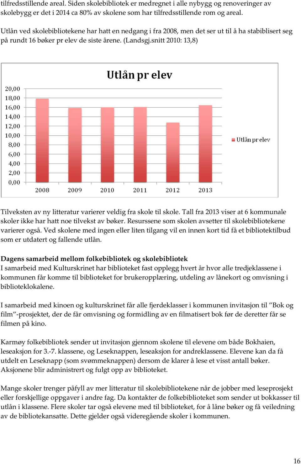 snitt 2010:13,8) Tilveksten av ny litteratur varierer veldig fra skole til skole. Tall fra 2013viser at 6 kommunale skoler ikke har hatt noe tilvekst av bøker.