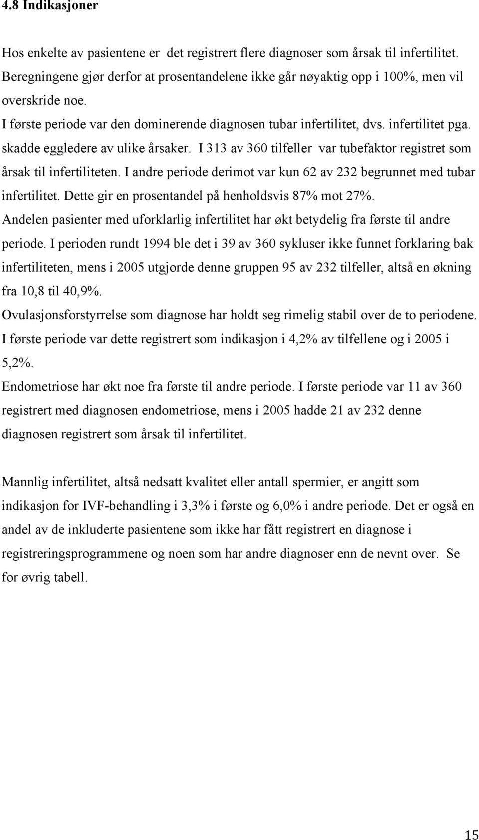 skadde eggledere av ulike årsaker. I 313 av 360 tilfeller var tubefaktor registret som årsak til infertiliteten. I andre periode derimot var kun 62 av 232 begrunnet med tubar infertilitet.