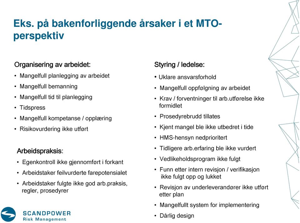 praksis, regler, prosedyrer Styring / ledelse: Uklare ansvarsforhold Mangelfull oppfølgning av arbeidet Krav / forventninger til arb.