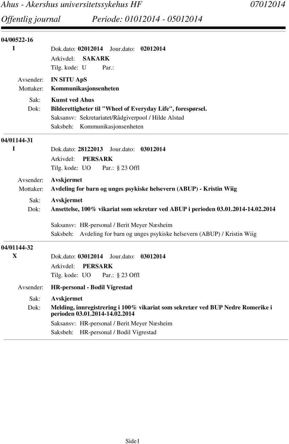 dato: 03012014 Avdeling for barn og unges psykiske helsevern (ABUP) - Kristin Wiig Ansettelse, 100% vikariat som sekretær ved ABUP i perioden 03.01.2014-14.02.