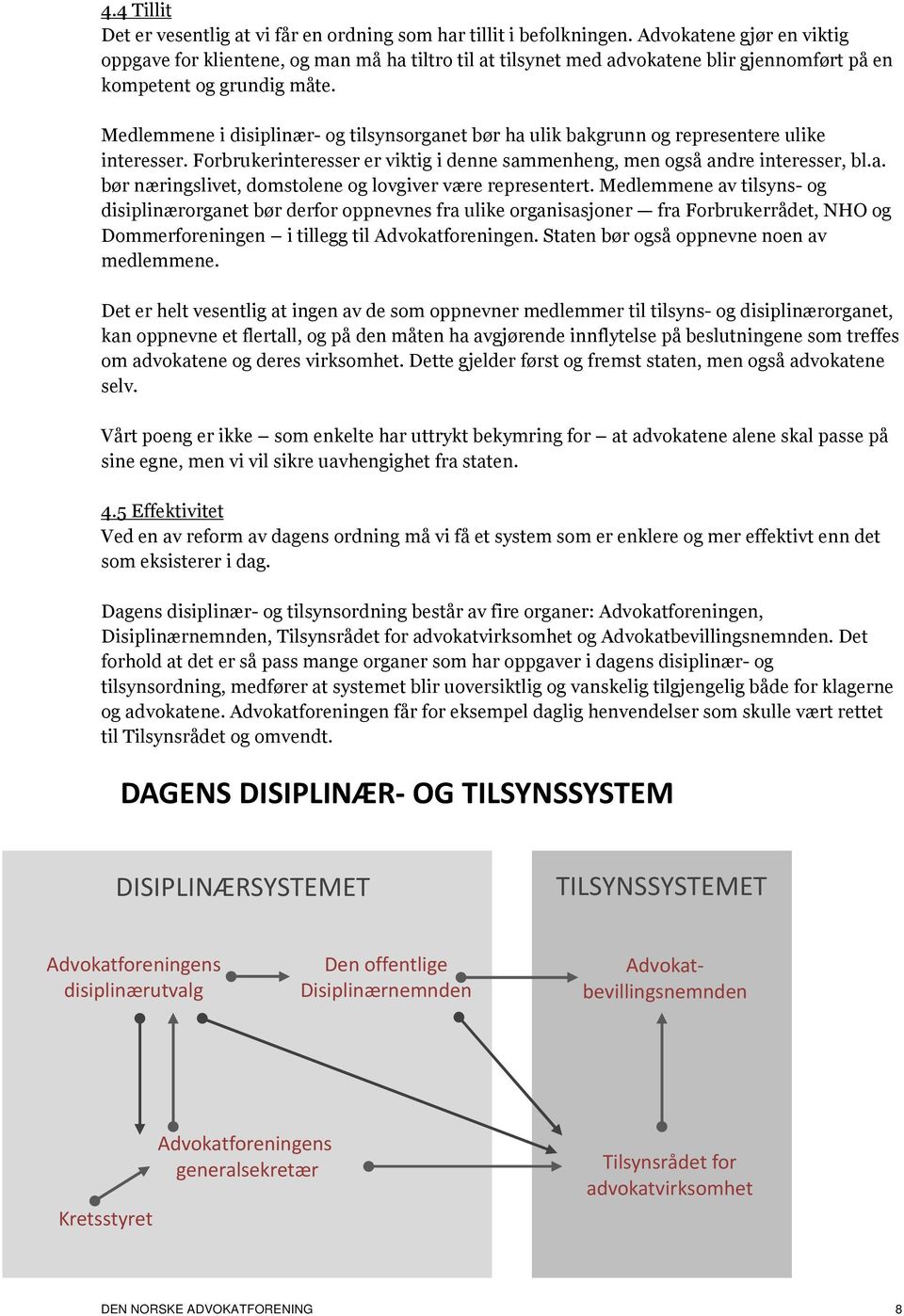 Medlemmene i disiplinær- og tilsynsorganet bør ha ulik bakgrunn og representere ulike interesser. Forbrukerinteresser er viktig i denne sammenheng, men også andre interesser, bl.a. bør næringslivet, domstolene og lovgiver være representert.