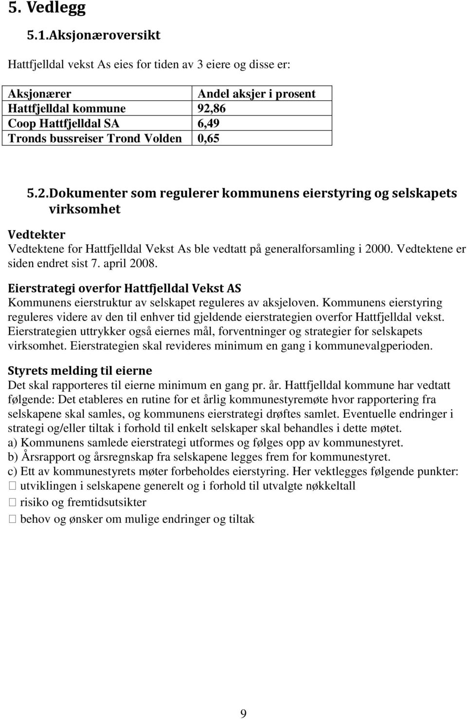 0,65 5.2. Dokumenter som regulerer kommunens eierstyring og selskapets virksomhet Vedtekter Vedtektene for Hattfjelldal Vekst As ble vedtatt på generalforsamling i 2000.