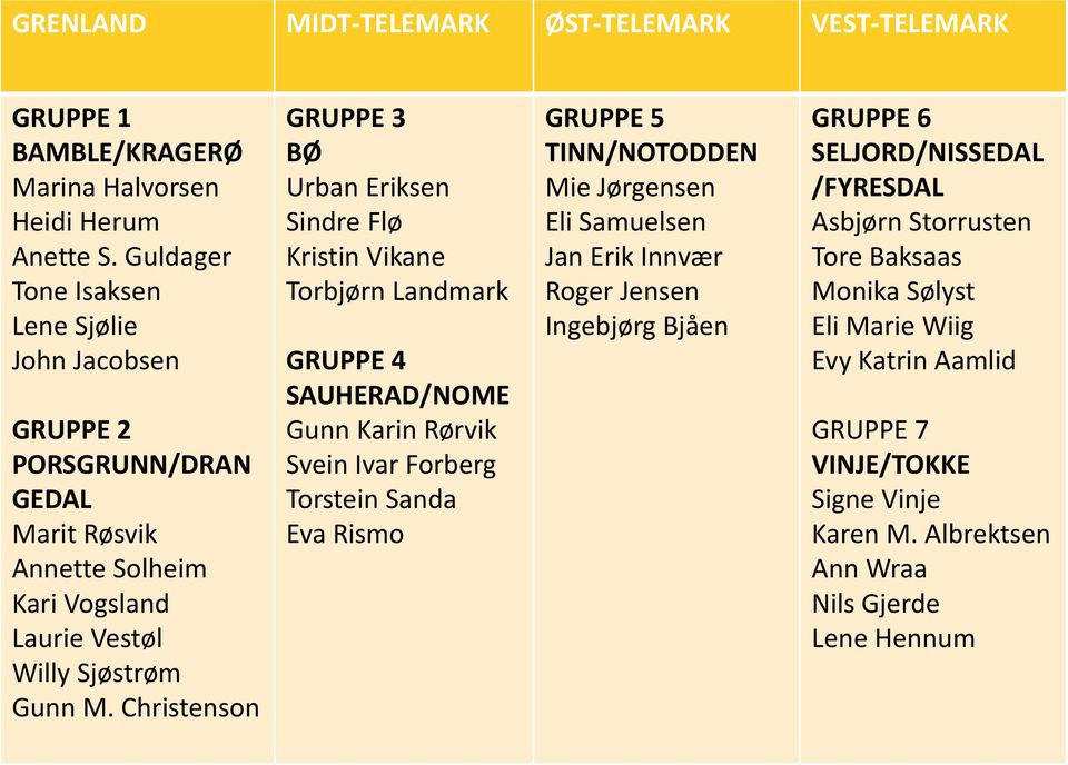 Christenson GRUPPE 3 BØ Urban Eriksen Sindre Flø Kristin Vikane Torbjørn Landmark GRUPPE 4 SAUHERAD/NOME Gunn Karin Rørvik Svein Ivar Forberg Torstein Sanda Eva Rismo GRUPPE 5