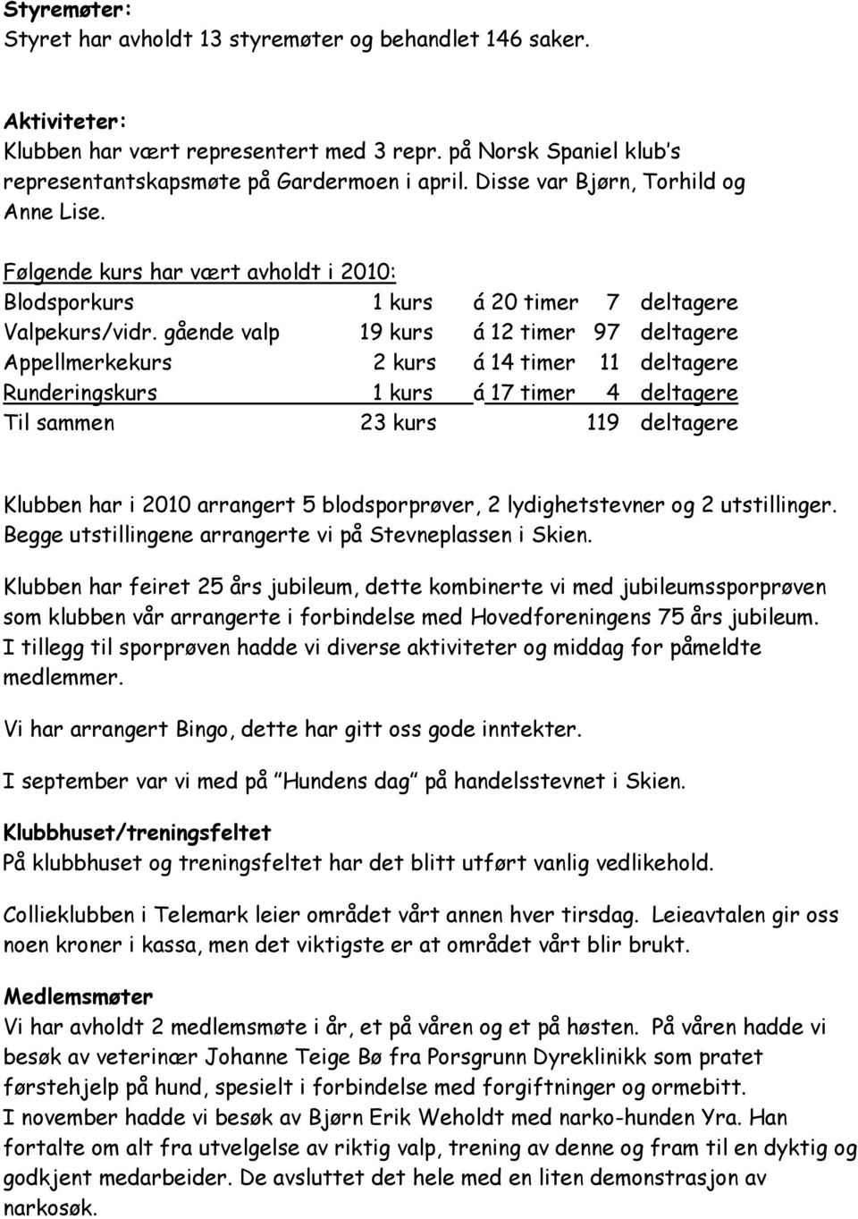 gående valp 19 kurs á 12 timer 97 deltagere Appellmerkekurs 2 kurs á 14 timer 11 deltagere Runderingskurs 1 kurs á 17 timer 4 deltagere Til sammen 23 kurs 119 deltagere Klubben har i 2010 arrangert 5