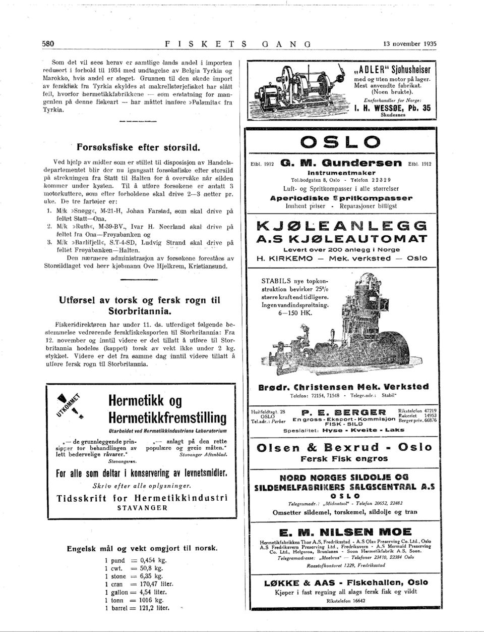 innføre :» Pialamita ~ fra Tyrkia. o A N O 13 november 1935 "A D ler ii Sjøhus heiser med og uten motor på lager. Mest anvendte fabrikat. (Noen brukte). Eneforhandler for Norge: l, H. WESSBE, Pb.