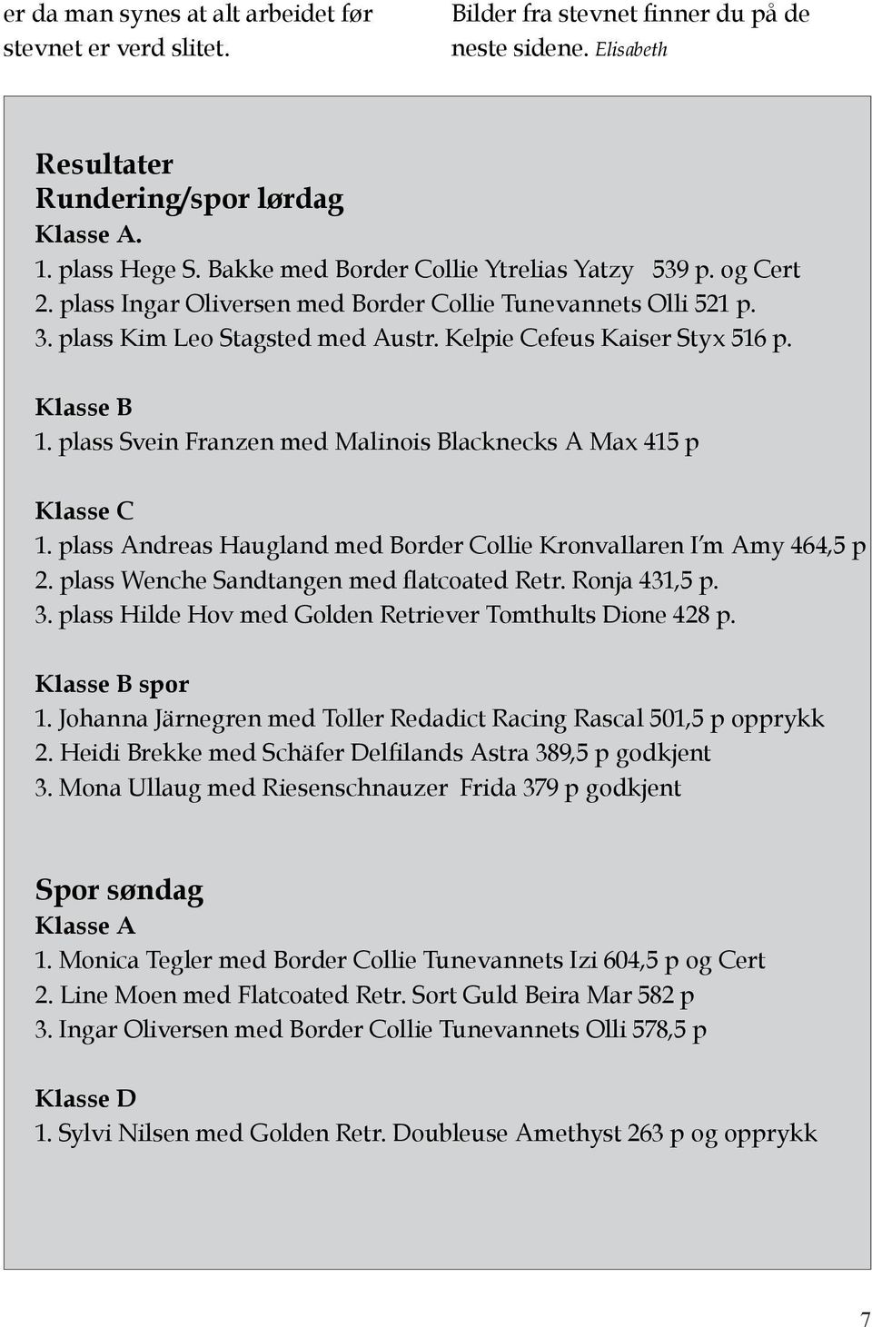 Klasse B 1. plass Svein Franzen med Malinois Blacknecks A Max 415 p Klasse C 1. plass Andreas Haugland med Border Collie Kronvallaren I m Amy 464,5 p 2. plass Wenche Sandtangen med flatcoated Retr.