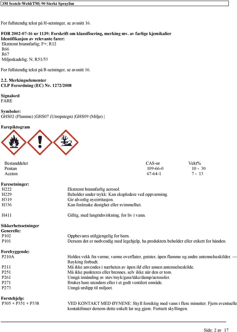 1272/2008 Signalord FARE Symboler: GHS02 (Flamme) GHS07 (Utropstegn) GHS09 (Miljø) Farepiktogram Bestanddeler CAS-nr Vekt% Pentan 109-66-0 10-30 Aceton 67-64-1 7-13 Faresetninger: H222 H229 H319 H336