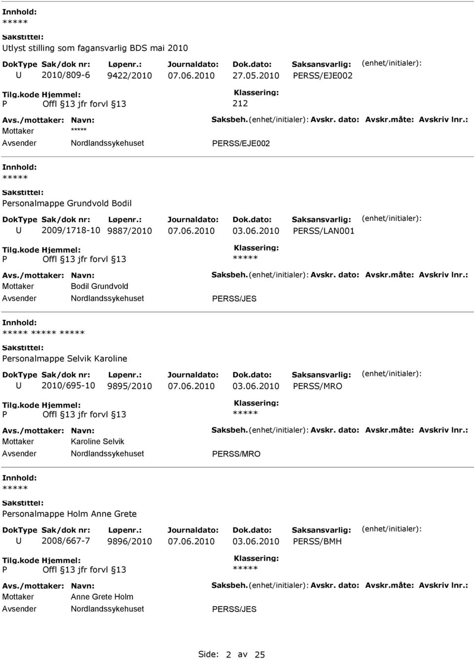 Mottaker Bodil Grundvold ERSS/JES ersonalmappe Selvik Karoline 2010/695-10 9895/2010 ERSS/MRO