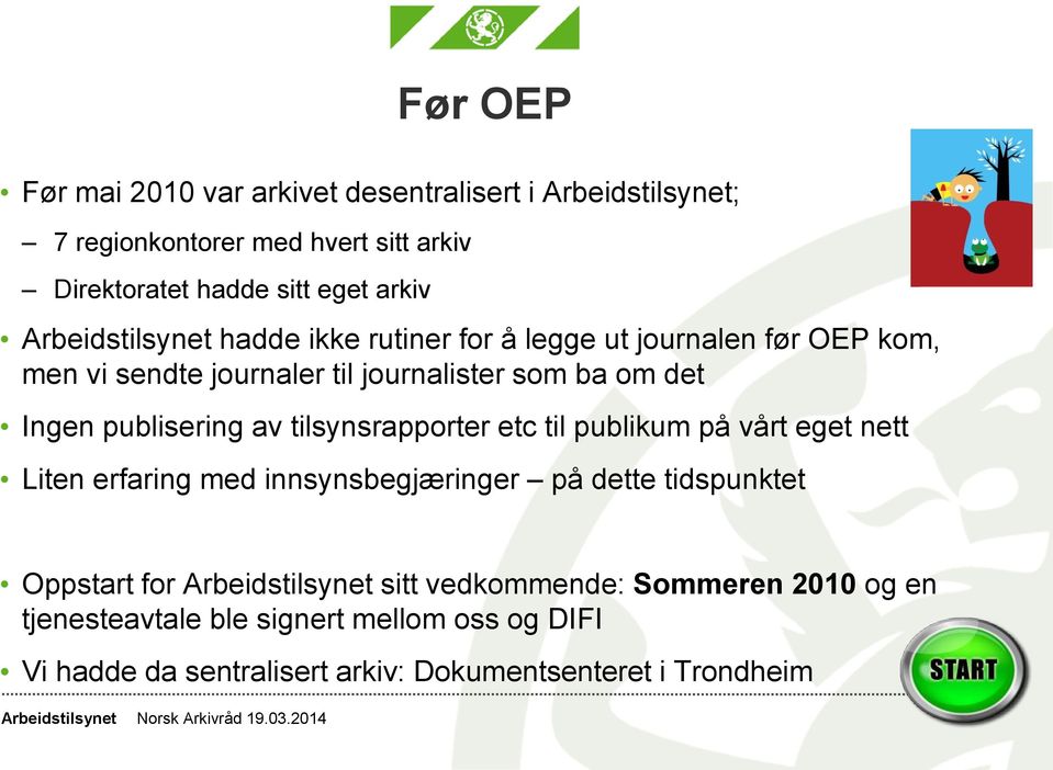 tilsynsrapporter etc til publikum på vårt eget nett Liten erfaring med innsynsbegjæringer på dette tidspunktet Oppstart for sitt