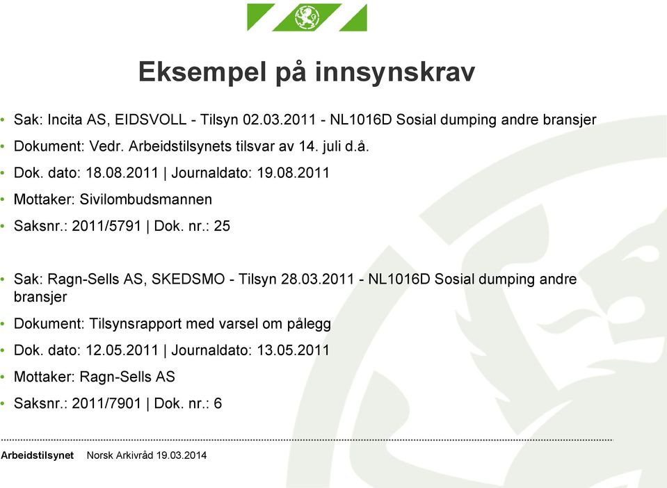 2011 Journaldato: 19.08.2011 Mottaker: Sivilombudsmannen Saksnr.: 2011/5791 Dok. nr.