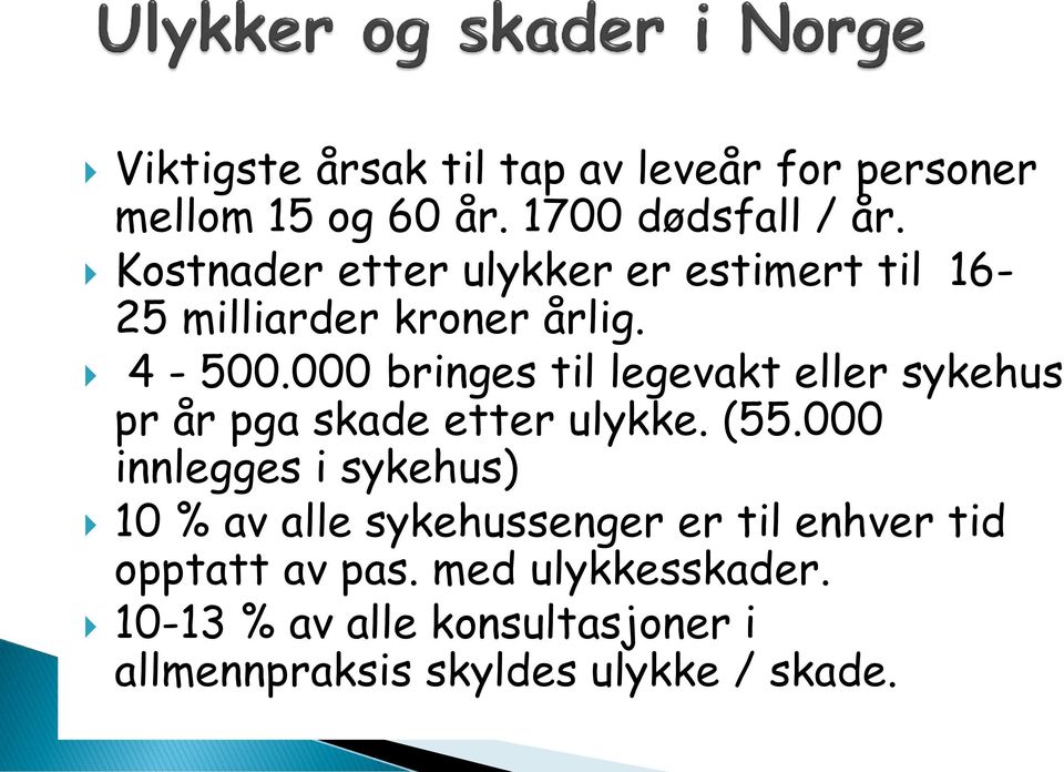 000 bringes til legevakt eller sykehus pr år pga skade etter ulykke. (55.