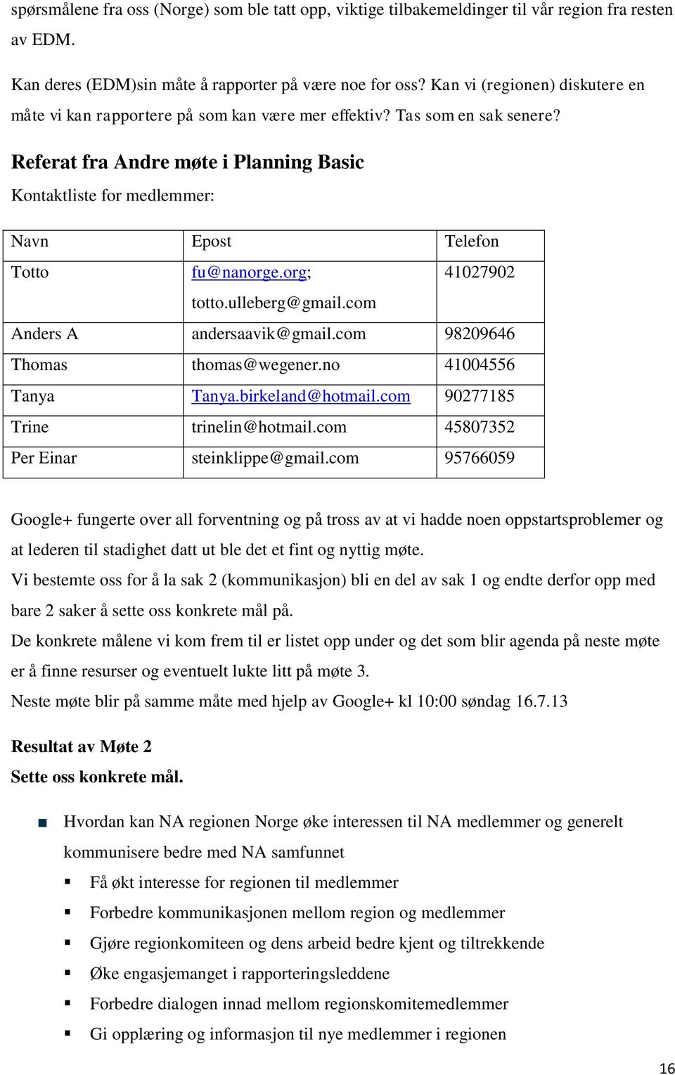 Referat fra Andre møte i Planning Basic Kontaktliste for medlemmer: Navn Epost Telefon Totto fu@nanorge.org; 41027902 totto.ulleberg@gmail.com Anders A andersaavik@gmail.