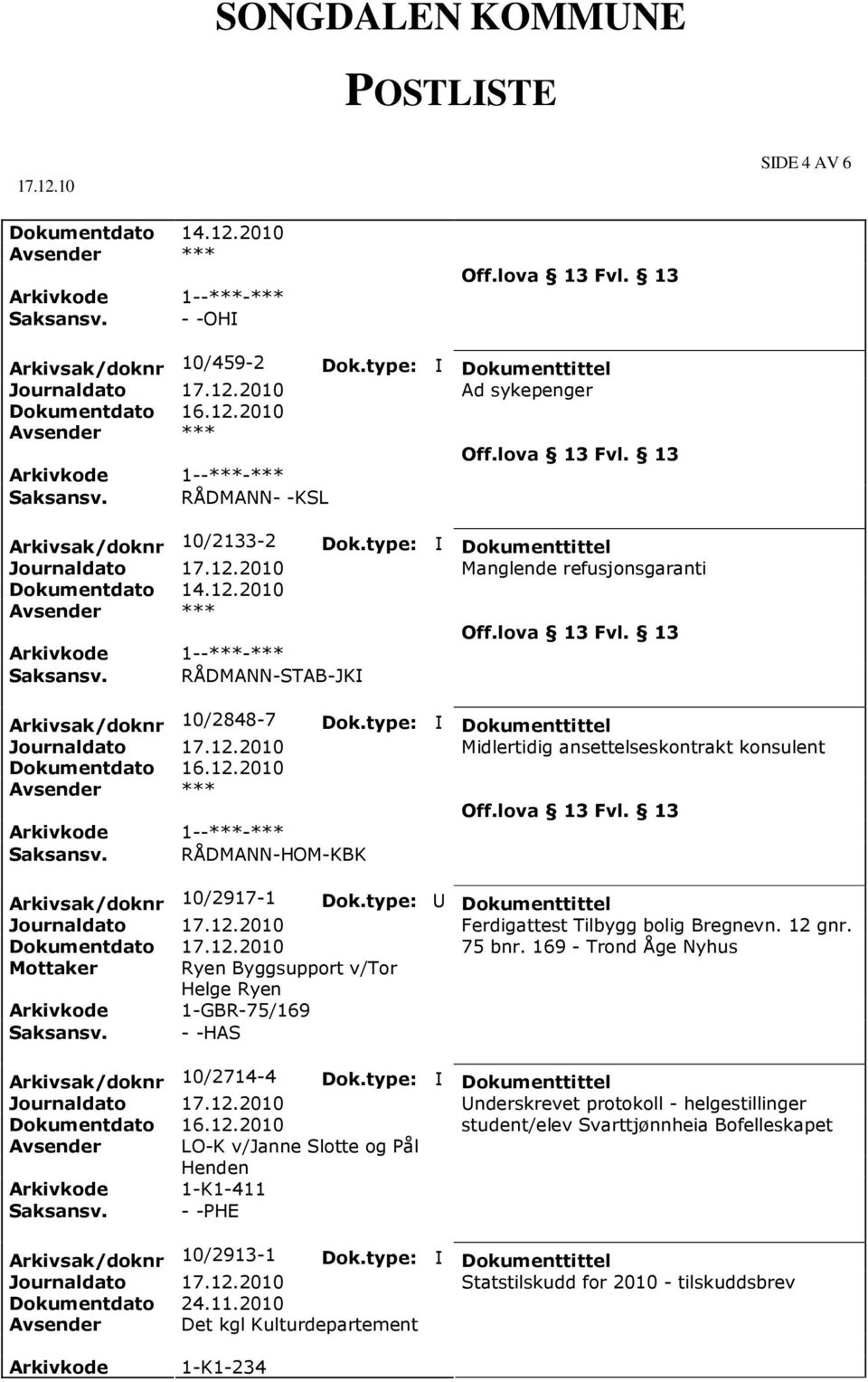 2010 1--***-*** RÅDMANN-STAB-JKI Arkivsak/doknr 10/2848-7 1--***-*** RÅDMANN-HOM-KBK Ad sykepenger Manglende refusjonsgaranti Midlertidig ansettelseskontrakt konsulent Arkivsak/doknr 10/2917-1 Dok.