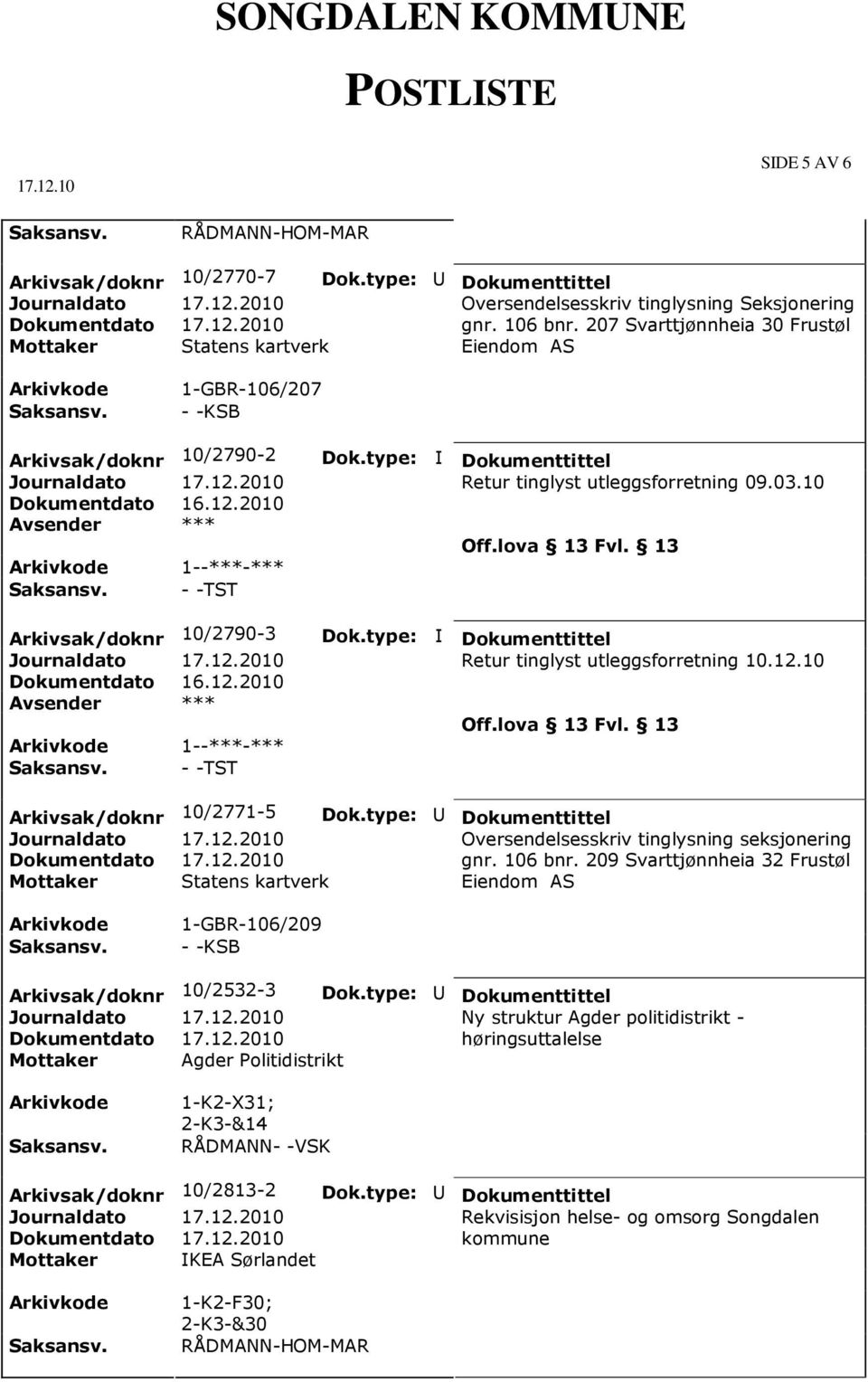 utleggsforretning 09.03.10 Retur tinglyst utleggsforretning 10.12.10 Arkivsak/doknr 10/2771-5 Dok.type: U Dokumenttittel Oversendelsesskriv tinglysning seksjonering gnr. 106 bnr.