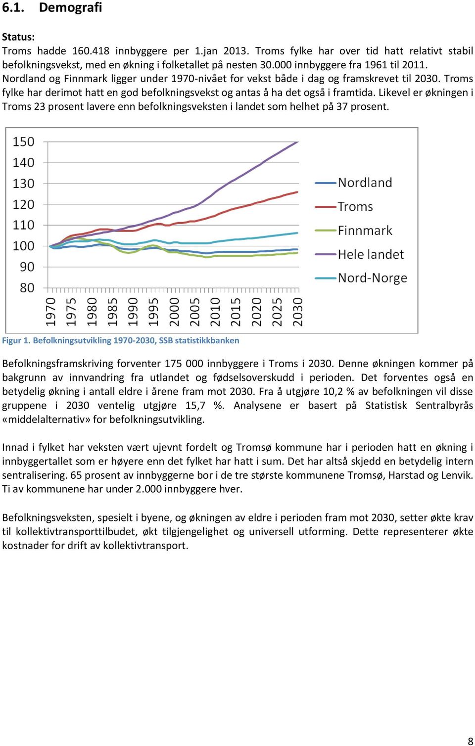 Troms fylke har derimot hatt en god befolkningsvekst og antas å ha det også i framtida. Likevel er økningen i Troms 23 prosent lavere enn befolkningsveksten i landet som helhet på 37 prosent. Figur 1.