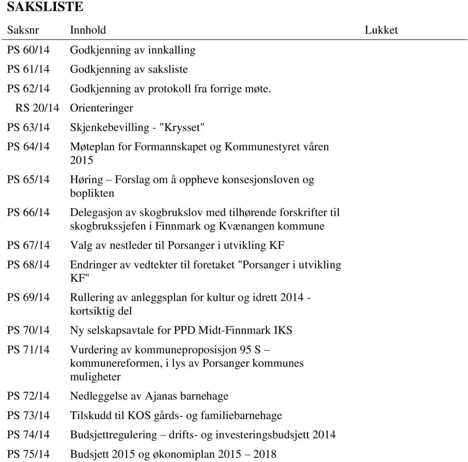 konsesjonsloven og boplikten Delegasjon av skogbrukslov med tilhørende forskrifter til skogbrukssjefen i Finnmark og Kvænangen kommune Valg av nestleder til Porsanger i utvikling KF Endringer av