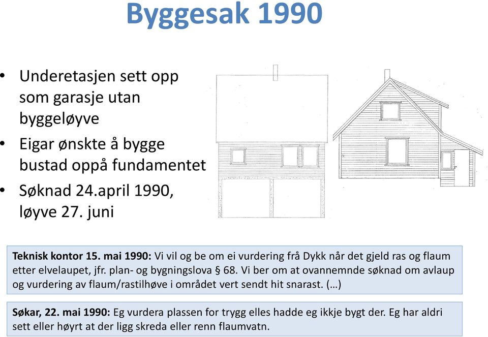 mai 1990: Vi vil og be om ei vurdering frå Dykk når det gjeld ras og flaum etter elvelaupet, jfr. plan- og bygningslova 68.