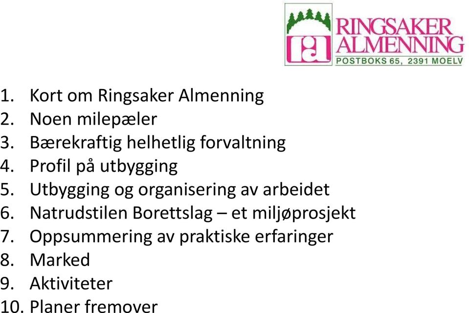 Utbygging og organisering av arbeidet 6.