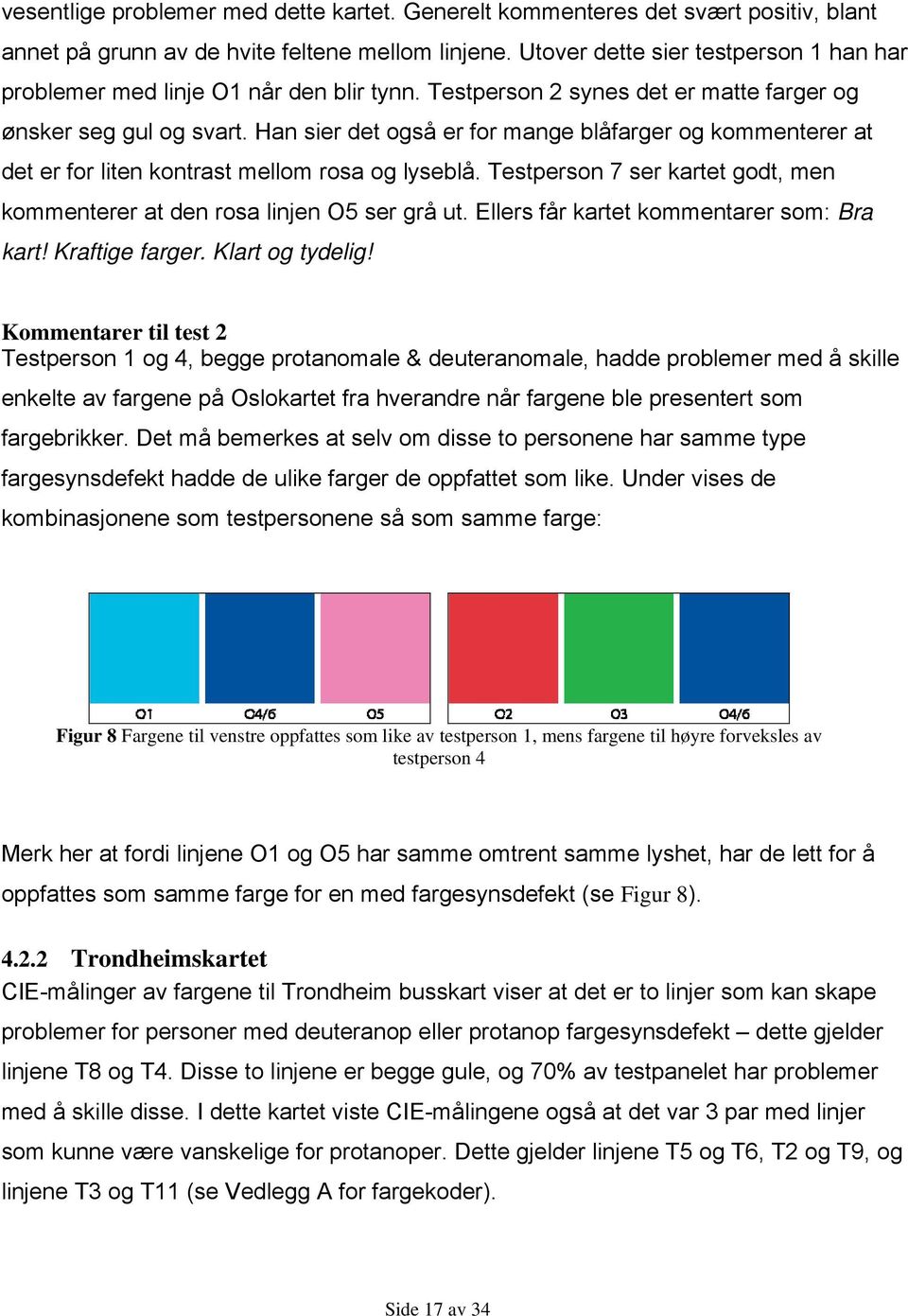 Han sier det også er for mange blåfarger og kommenterer at det er for liten kontrast mellom rosa og lyseblå. Testperson 7 ser kartet godt, men kommenterer at den rosa linjen O5 ser grå ut.