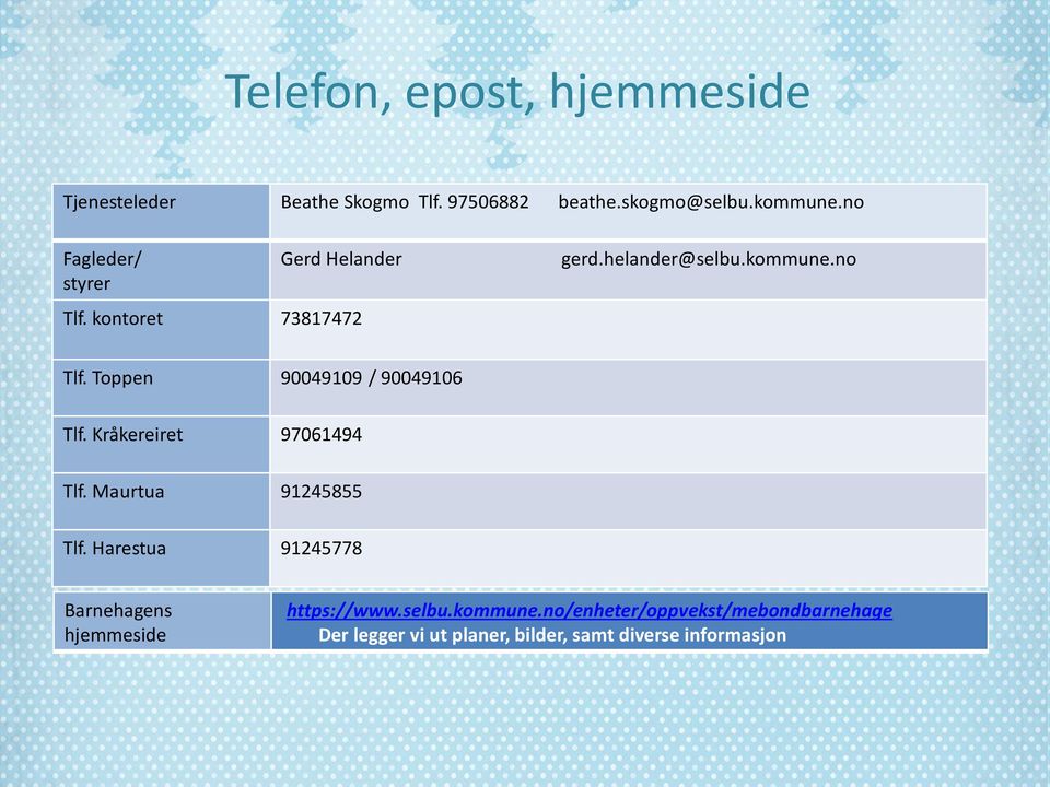 Toppen 90049109 / 90049106 Tlf. Kråkereiret 97061494 Tlf. Maurtua 91245855 Tlf.