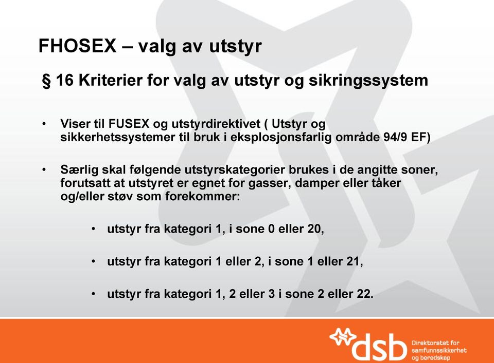 angitte soner, forutsatt at utstyret er egnet for gasser, damper eller tåker og/eller støv som forekommer: utstyr fra