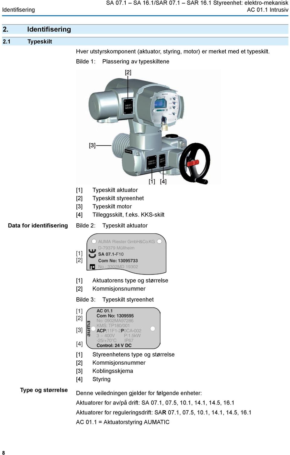 KKS-skilt Data for identifisering Bilde 2: Typeskilt aktuator [1] Aktuatorens type og størrelse [2] Kommisjonsnummer Bilde 3: Typeskilt styreenhet [1] Styreenhetens type og størrelse [2]