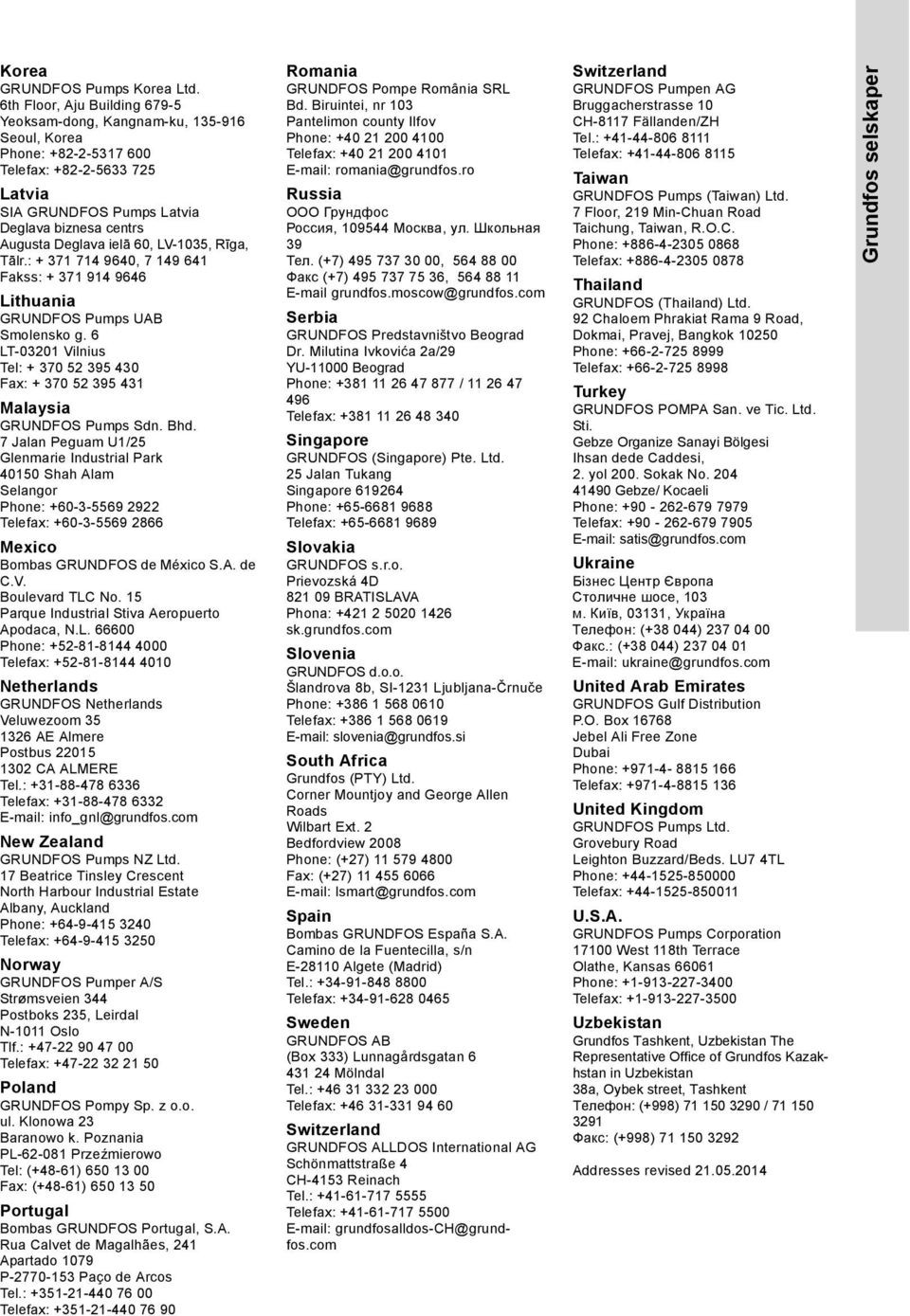 60, LV-1035, Rīga, Tālr.: + 371 714 9640, 7 149 641 Fakss: + 371 914 9646 Lithuania GRUNDFOS Pumps UAB Smolensko g.