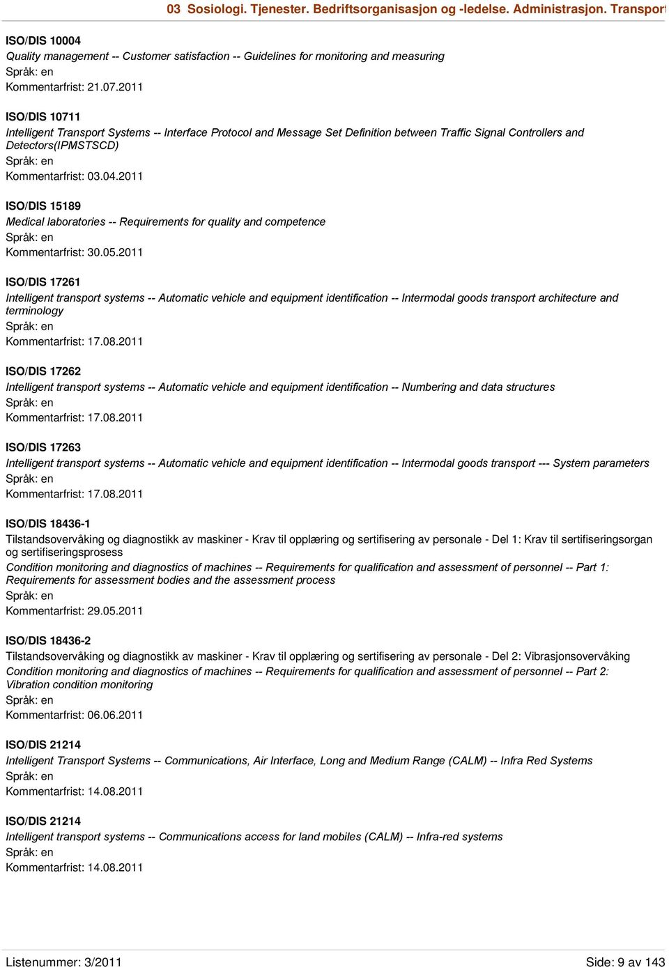 2011 ISO/DIS 10711 Intelligent Transport Systems -- Interface Protocol and Message Set Definition between Traffic Signal Controllers and Detectors(IPMSTSCD) Kommentarfrist: 03.04.